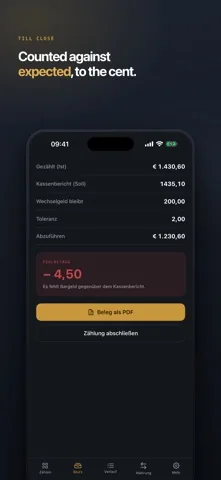 Der Kassensturz von Münzo mit Gezählt, Kassenbericht, Wechselgeld, Toleranz, abzuführendem Betrag und einem hervorgehobenen Fehlbetrag von 4,50 Euro